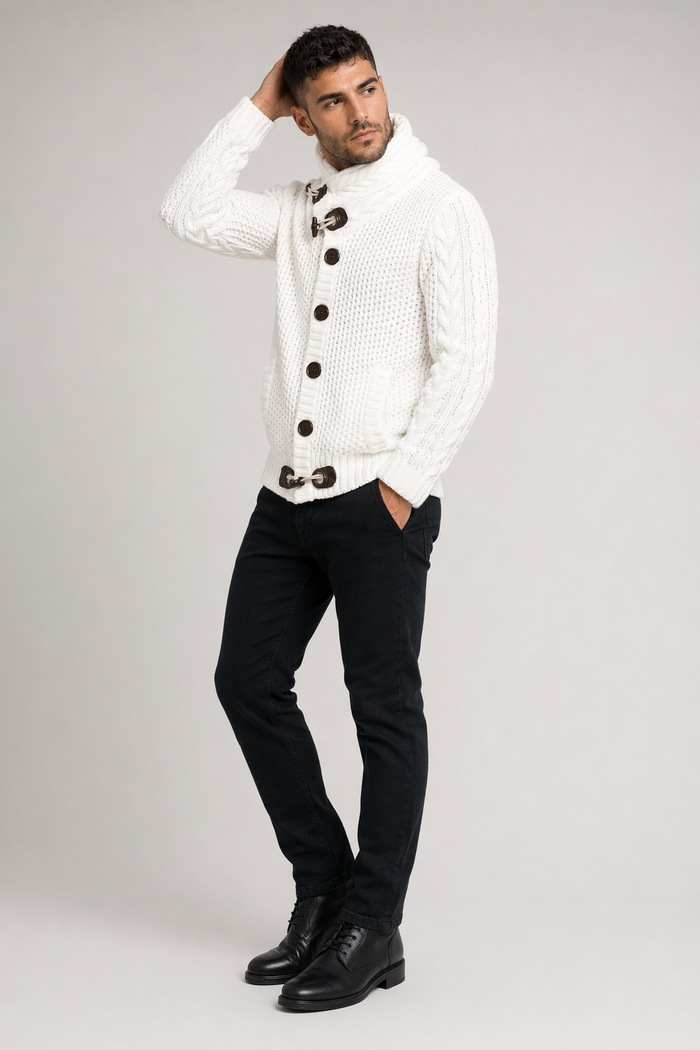 Horn Button Men's Cardigan with Shawl Collar White