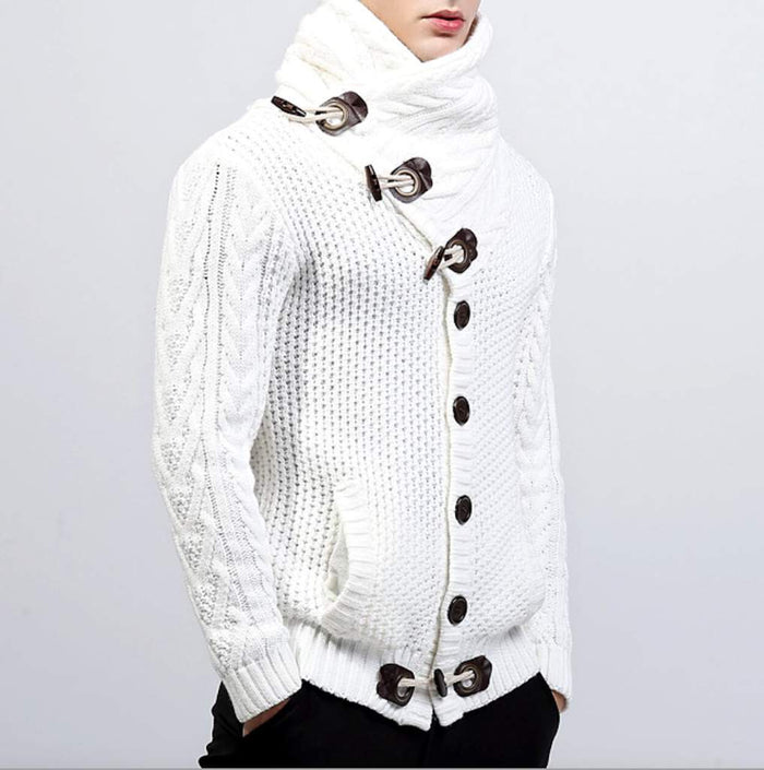 Horn Button Men's Cardigan with Shawl Collar: white, dark brown knit sweater cardigan, minimal style