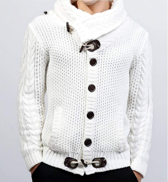 Horn Button Men's Cardigan with Shawl Collar: white, dark brown knit sweater cardigan, minimal style
