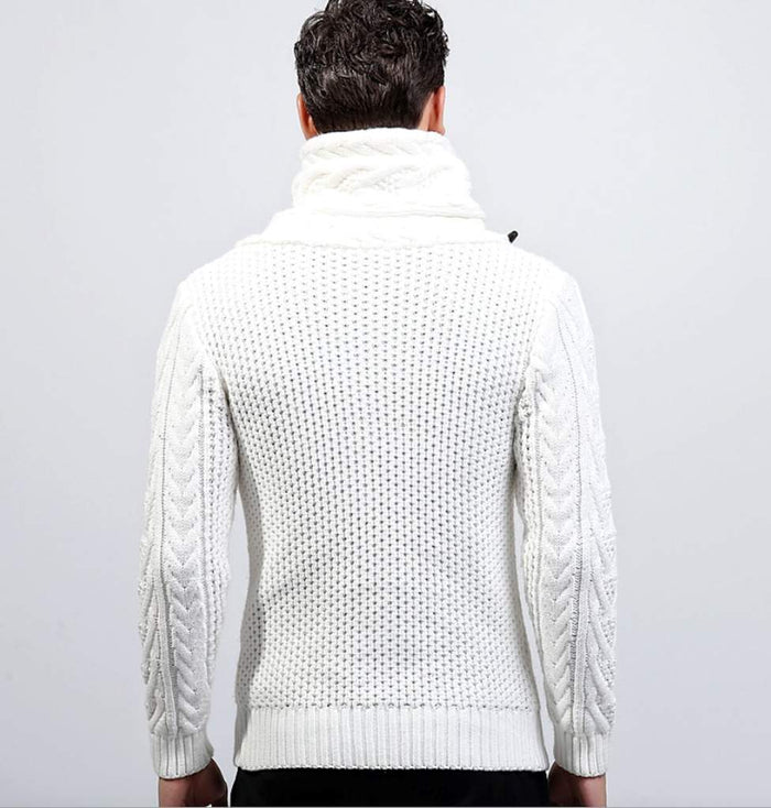 Horn Button Men's Cardigan with Shawl Collar: white, dark brown knit sweater cardigan, minimal style