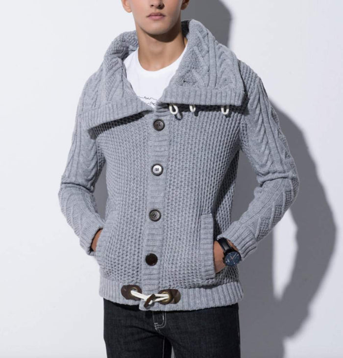 Horn Button Men's Cardigan with Shawl Collar: white, dark brown knit sweater cardigan, minimal style