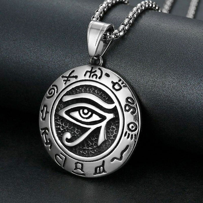 Horus Pendant Necklace, Symbol of the Eye Divinity: silver, black pendant necklace, minimal geometric style