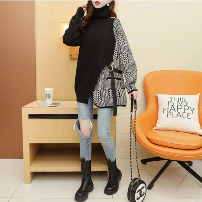 Houndstooth Layered Women's Sweater: black, white long knit sweater/cardigan, modern color-blocked knit style