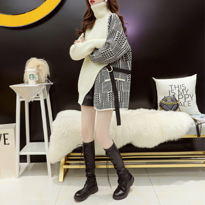Houndstooth Layered Women's Sweater: black, white long knit sweater/cardigan, modern color-blocked knit style