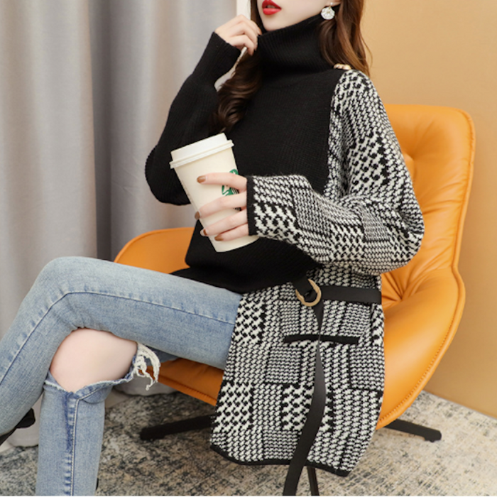Houndstooth Layered Women's Sweater: black, white long knit sweater/cardigan, modern color-blocked knit style