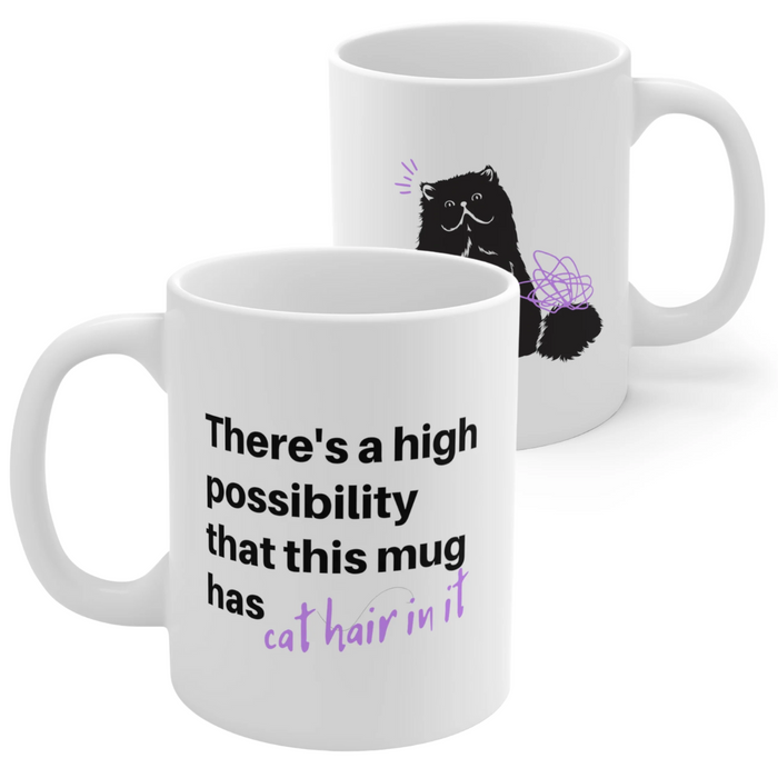 Humorous Feline Fur Cup: white, black black cat, cartoon style