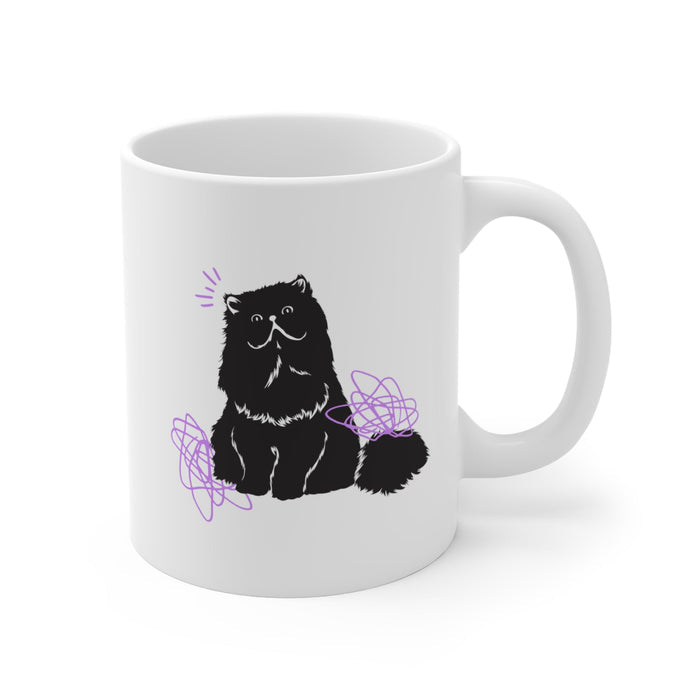 Humorous Feline Fur Cup: white, black black cat, cartoon style