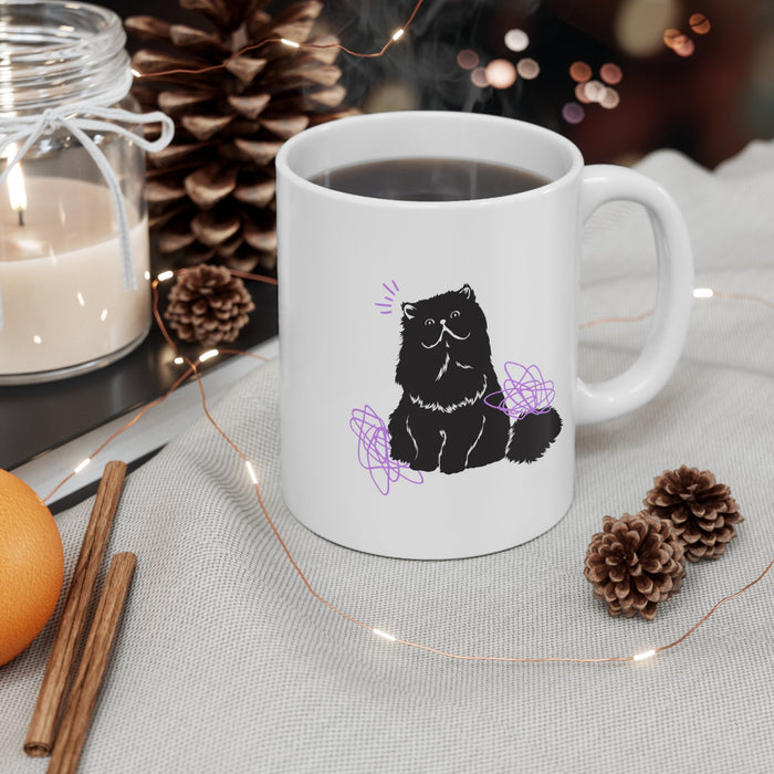 Humorous Feline Fur Cup: white, black black cat, cartoon style