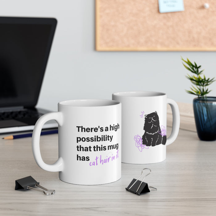 Humorous Feline Fur Cup: white, black black cat, cartoon style
