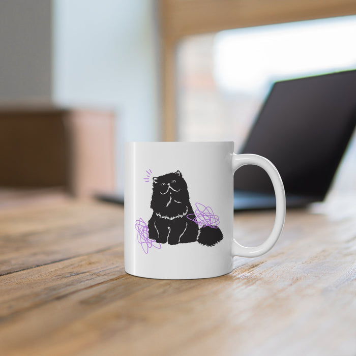 Humorous Feline Fur Cup: white, black black cat, cartoon style