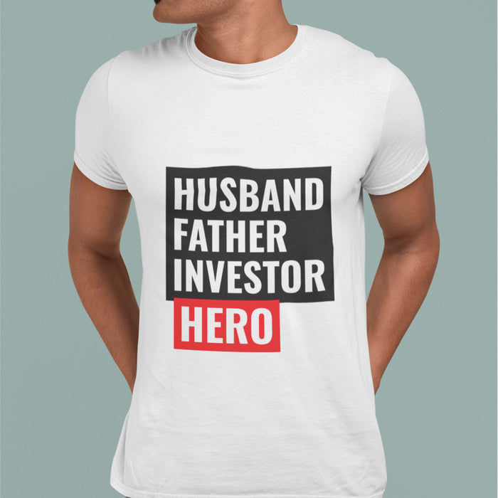 Husband, Dad, Investor, Hero Tee: gray, black short-sleeve graphic T-shirt, bold typographic graphic style