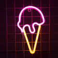 Ice Cream Neon LED Light: pink, yellow-orange ice cream cone, minimal cartoon style