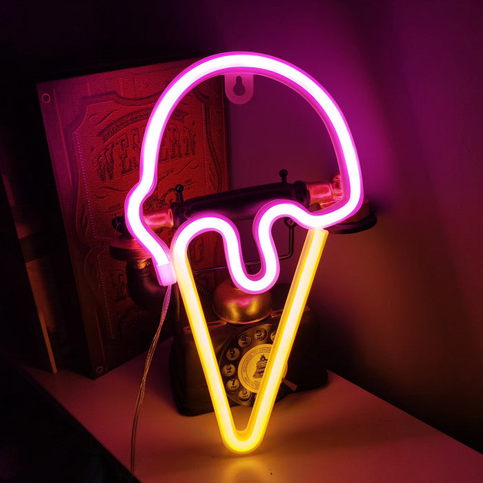 Ice Cream Neon LED Light: pink, yellow-orange ice cream cone, minimal cartoon style