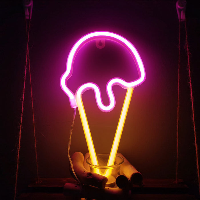 Ice Cream Neon LED Light: pink, yellow-orange ice cream cone, minimal cartoon style