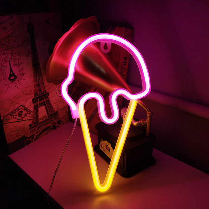 Ice Cream Neon LED Light: pink, yellow-orange ice cream cone, minimal cartoon style