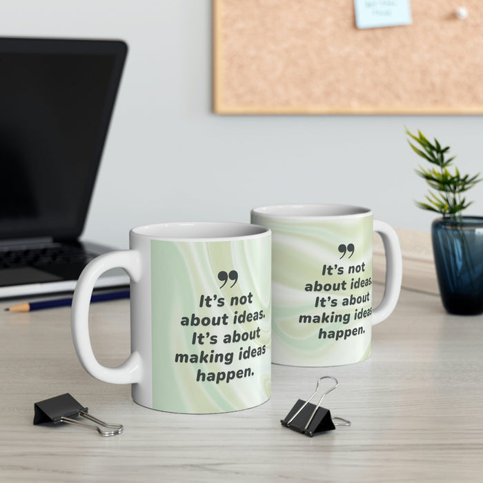 Idea Execution Coffee Tea Mug, Transforming Thoughts into Reality: white, pale green handled mug, minimal motivational typogr