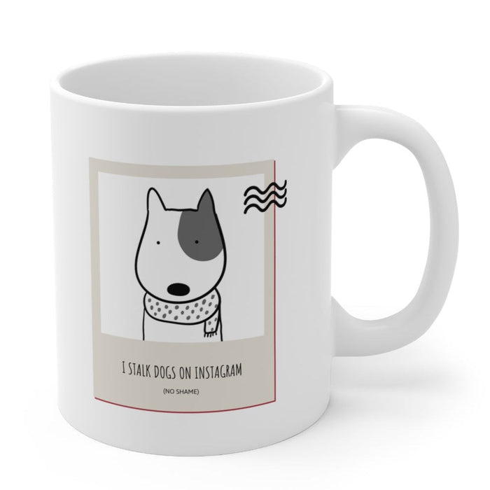 IG Mug: Dog Stalker Edition: white, black cartoon dog, minimal cartoon style
