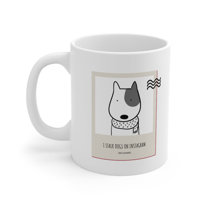 IG Mug: Dog Stalker Edition: white, black cartoon dog, minimal cartoon style