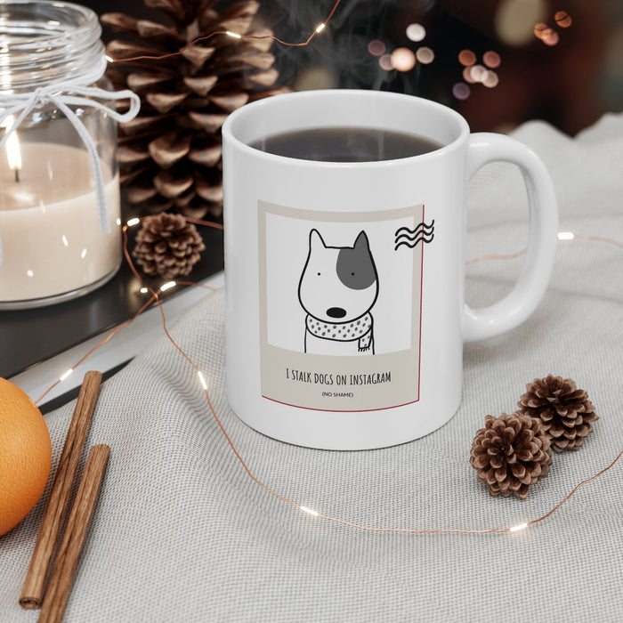 IG Mug: Dog Stalker Edition: white, black cartoon dog, minimal cartoon style