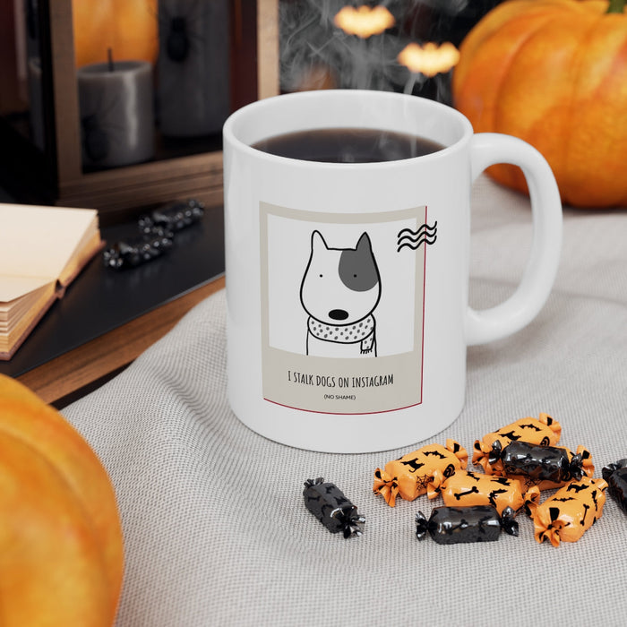 IG Mug: Dog Stalker Edition: white, black cartoon dog, minimal cartoon style