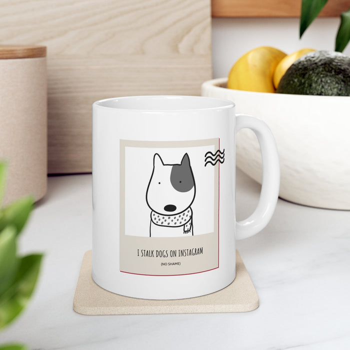 IG Mug: Dog Stalker Edition: white, black cartoon dog, minimal cartoon style
