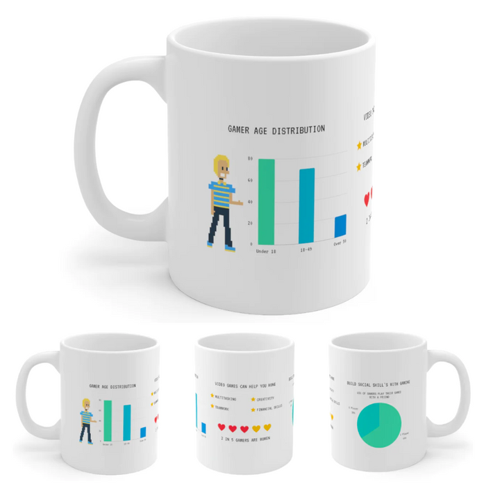 Infograph Mug for Gaming Enthusiasts: white, black gamer age distribution infographic theme, minimal infographic, pixel-art s