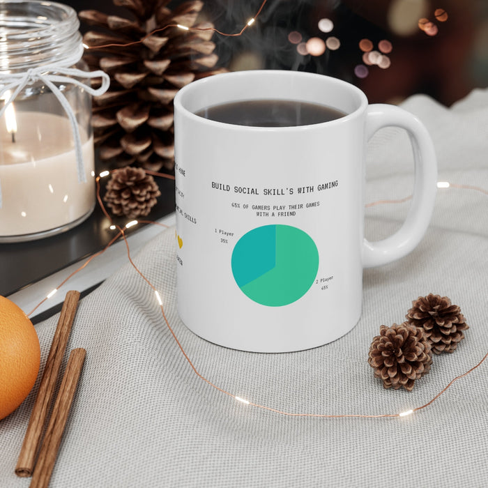 Infograph Mug for Gaming Enthusiasts: white, black gamer age distribution infographic theme, minimal infographic, pixel-art s