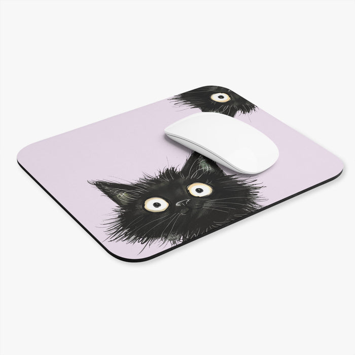 Inquisitive Ebony Feline Mouse Mat: light lavender, black black cats, cartoon illustration style