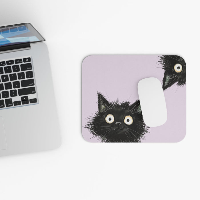 Inquisitive Ebony Feline Mouse Mat: light lavender, black black cats, cartoon illustration style