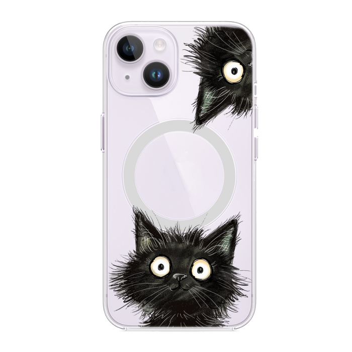 Inquisitive Magnetic Clear Cat iPhone Case: clear, black black cat, cartoon style