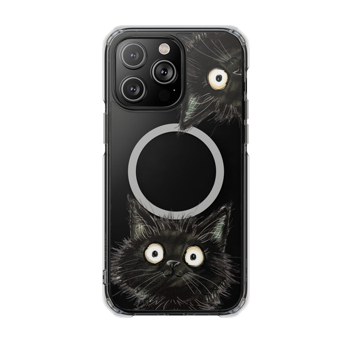 Inquisitive Magnetic Clear Cat iPhone Case: clear, black black cat, cartoon style