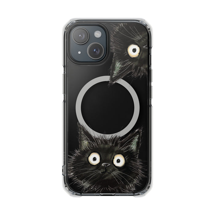 Inquisitive Magnetic Clear Cat iPhone Case: clear, black black cat, cartoon style