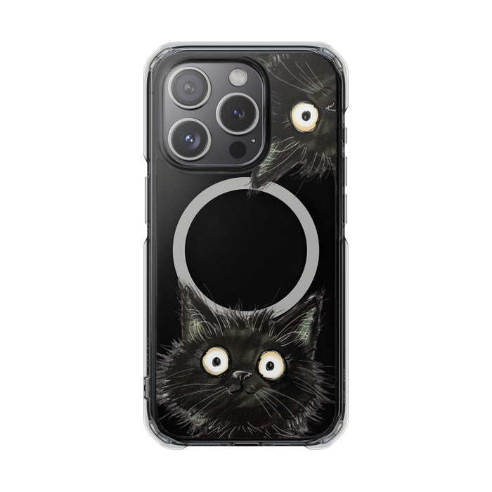 Inquisitive Magnetic Clear Cat iPhone Case: clear, black black cat, cartoon style