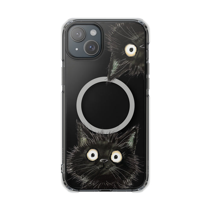 Inquisitive Magnetic Clear Cat iPhone Case: clear, black black cat, cartoon style