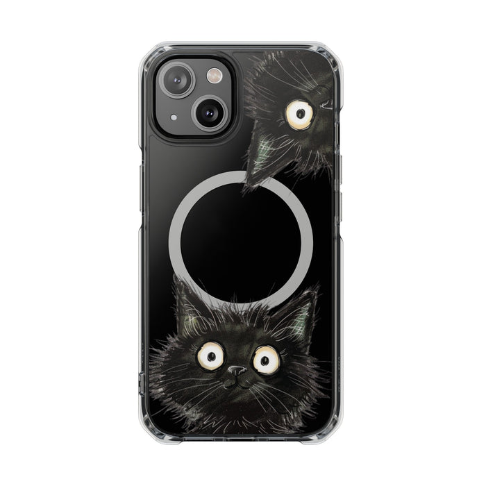 Inquisitive Magnetic Clear Cat iPhone Case: clear, black black cat, cartoon style