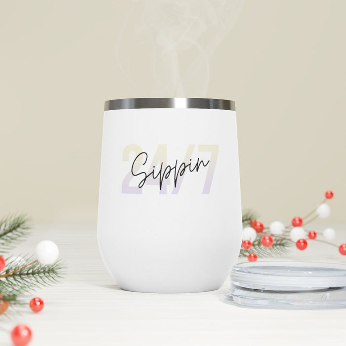 Insulated Wine Tumbler 12oz for Keeping Drinks Hot or Cold: white, silver insulated tumbler cup with lid, minimal modern styl