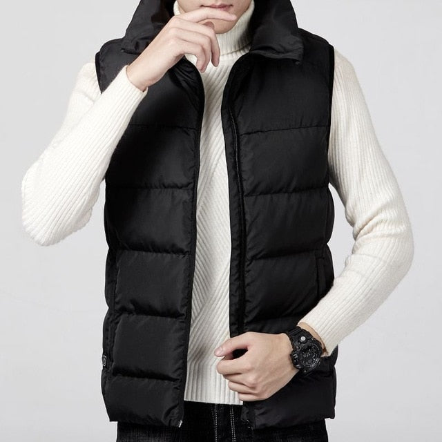 Intelligent Technology Heated USB Winter Vest for Men: black sleeveless padded vest, minimal casual style