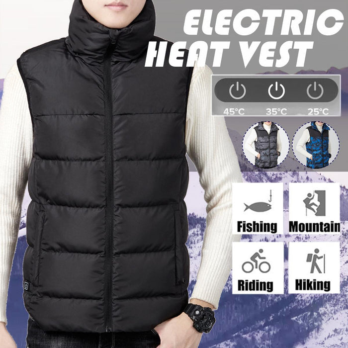 Intelligent Technology Heated USB Winter Vest for Men: black sleeveless padded vest, minimal casual style