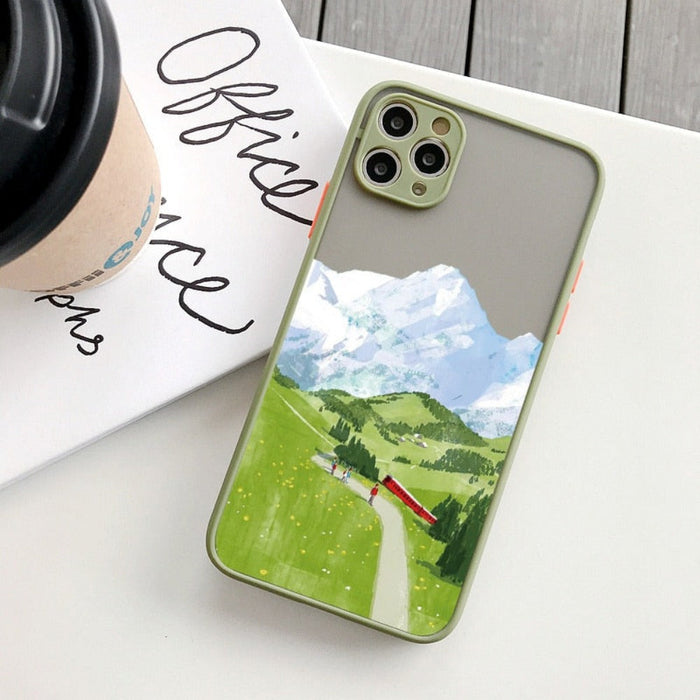iPhone Cartoon Theme Phone Case: A Playful Cover for Your Device: light green, gray mountain landscape, illustrated scenic la