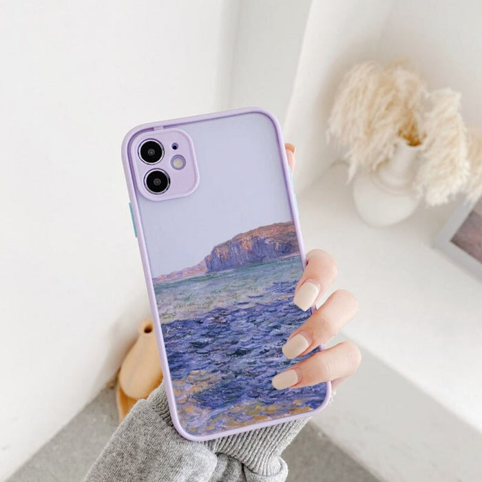 iPhone Cartoon Theme Phone Case: A Playful Cover for Your Device: light green, gray mountain landscape, illustrated scenic la