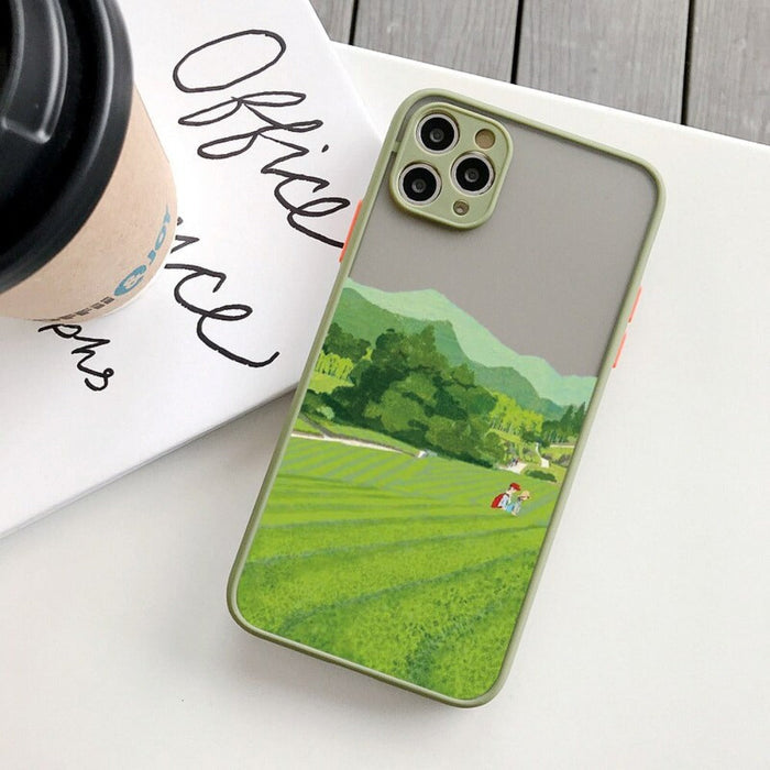 iPhone Cartoon Theme Phone Case: A Playful Cover for Your Device: light green, gray mountain landscape, illustrated scenic la