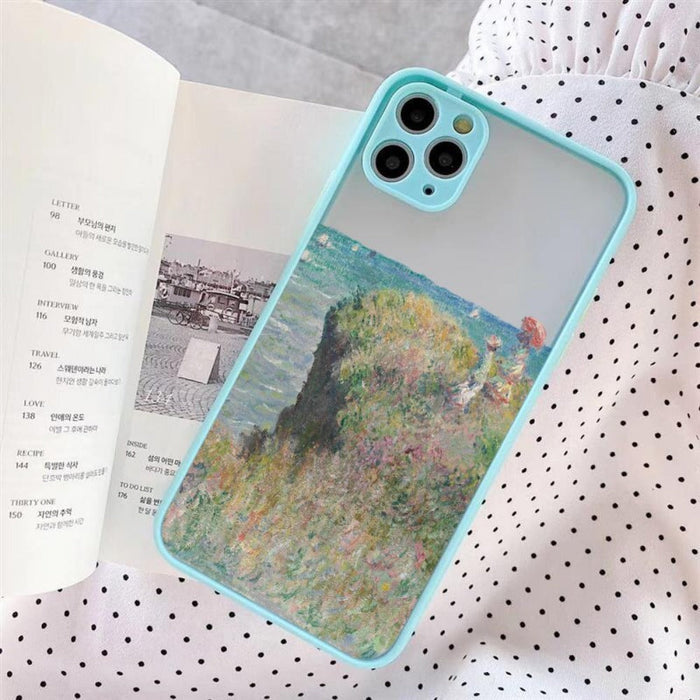 iPhone Cartoon Theme Phone Case: A Playful Cover for Your Device: light green, gray mountain landscape, illustrated scenic la