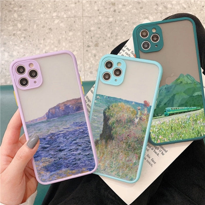 iPhone Cartoon Theme Phone Case: A Playful Cover for Your Device: light green, gray mountain landscape, illustrated scenic la