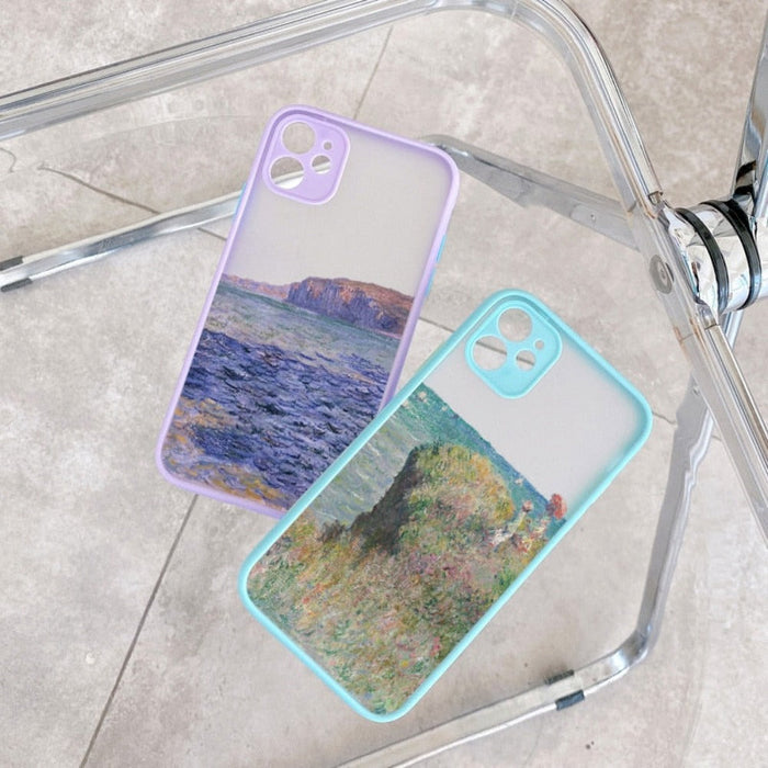 iPhone Cartoon Theme Phone Case: A Playful Cover for Your Device: light green, gray mountain landscape, illustrated scenic la