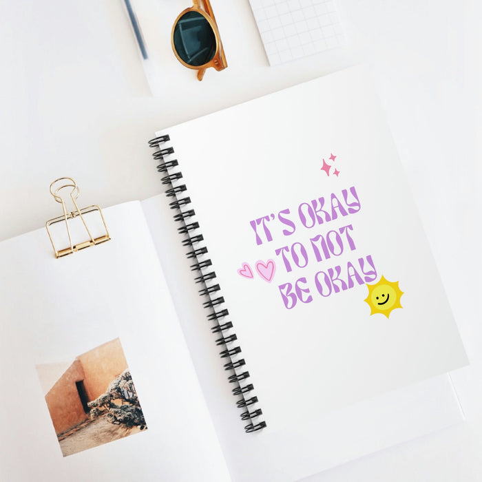 It's Okay To Embrace Your Feelings Spiral Notebook: white, black smiling sun graphic, cute cartoon style