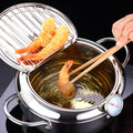 Japanese Cuisine Fryer with Built-in Thermometer: silver, black shrimp tempura, kitchen cookware product photo style