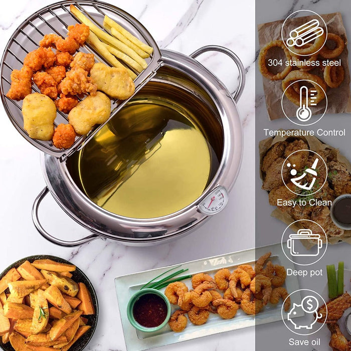 Japanese Cuisine Fryer with Built-in Thermometer: silver, black shrimp tempura, kitchen cookware product photo style