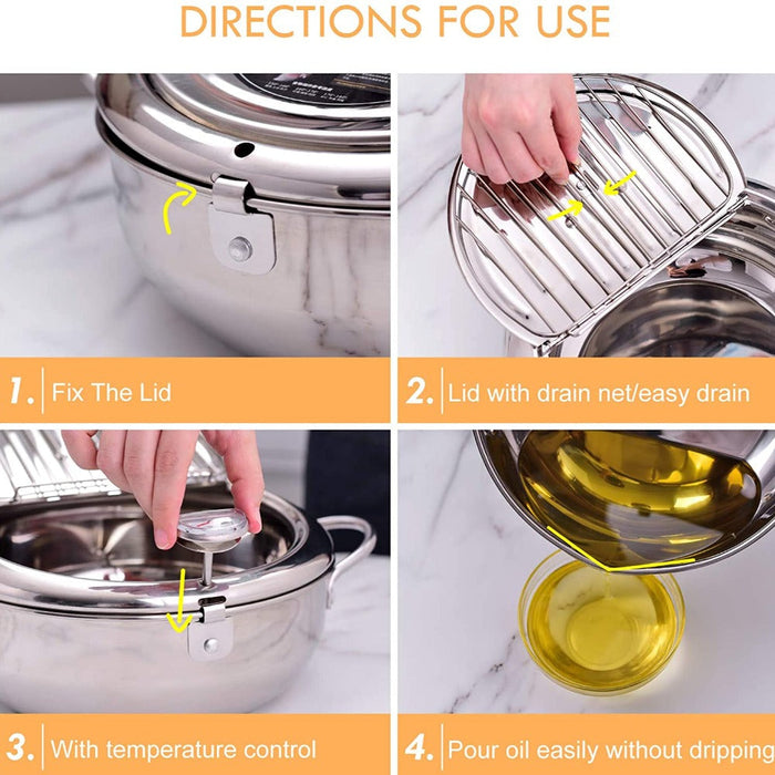 Japanese Cuisine Fryer with Built-in Thermometer: silver, black shrimp tempura, kitchen cookware product photo style