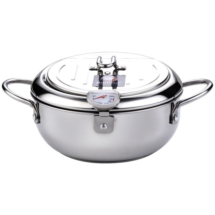 Japanese Cuisine Fryer with Built-in Thermometer: silver, black shrimp tempura, kitchen cookware product photo style