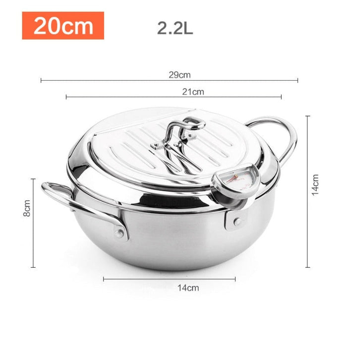 Japanese Cuisine Fryer with Built-in Thermometer: silver, black shrimp tempura, kitchen cookware product photo style